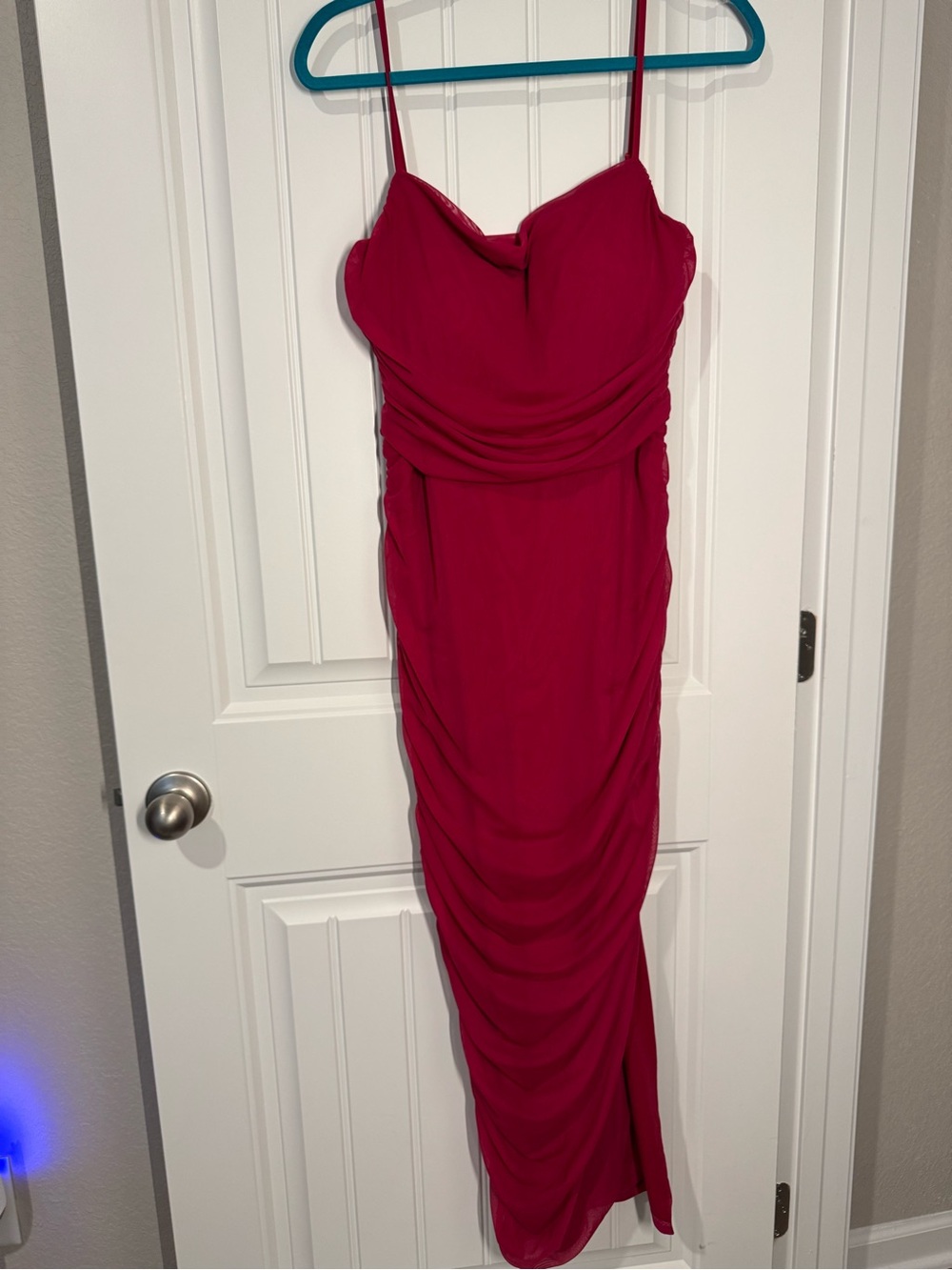 Express Red Ruched Spaghetti-Strap Slit Maxi Dress